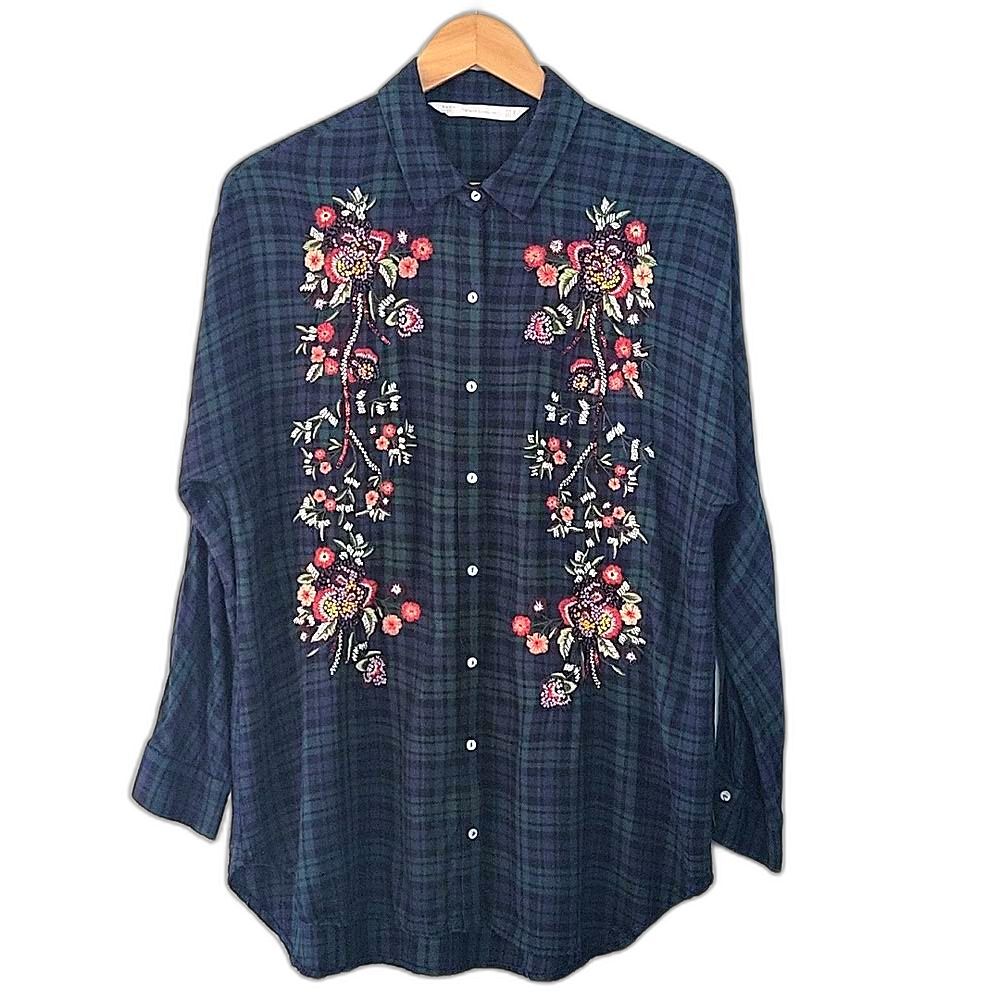 Zara Trafaluc Collection Green Blue Black Floral Embroidered Beaded Shirt Size S